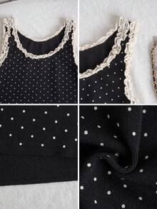 Áo tank top dệt kim không tay ôm sát, phối ren và chấm bi tương phản dành cho nữ, thích hợp cho mùa hè. - màu đen - Xem 11