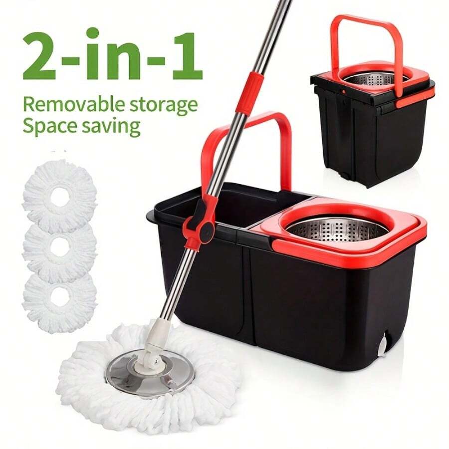[Spinning Mop Set] 360° Spinning Mop And Bucket Set With Wringer | 3 Microfiber Mop Replacement Heads, 61" Stainless Steel Adjustable Handle For Floor Cleaning, Bathroom, School - Bucket Floor Cleaning System - Thùng phân tách cao cấp - Xem 1