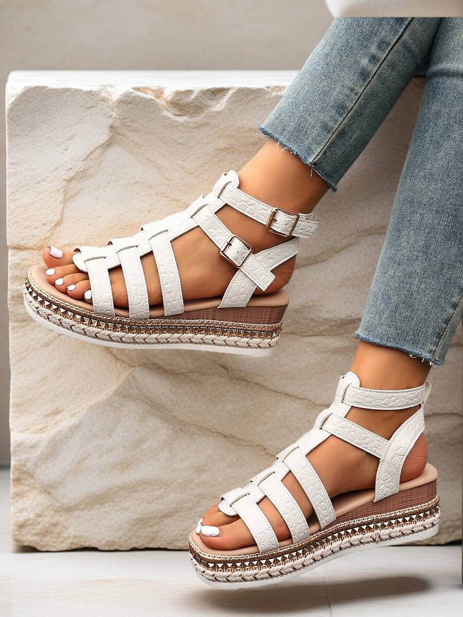 Giày sandal đế xuồng phong cách Bohemian dành cho nữ tuổi teen, đế dày dệt đinh tán, quai cài, kiểu dáng thời trang đa năng. - trắng - Xem 1