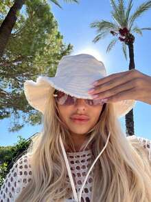 女士抽绳毛边渔夫帽（1件/套），可调节下巴带设计，做旧效果，柔软面料，防晒，时尚百搭，适合旅行、海滩、度假、休闲穿着 - 彩色 - 查看 4