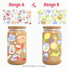 16oz Glass Cup Sleeve, Retro Countryside Style Cherry, Lemon, Blueberry Picnic, Countryside Style UV Protection DTF Cup Sleeve, Cute Countryside Style Fruit & Floral UV Protection DTF Cup Sleeve Fits Glass Cups, Bottles, Mugs, Waterproof UV Protection DTF Sticker Fits Notebooks, DIY Decoration, Water Bottles, Gift For Girl Friends - Rectangle - View 16