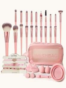 33 piezas Juego de herramientas de maquillaje que incluye: 20 piezas Juego de brochas de maquillaje + 2 piezas Esponjas de maquillaje + 2 piezas Polvos de aire en cojín mini + 2 piezas Polvos de triángulo + 1 pieza Herramientas de limpieza de brochas de maquillaje + 1 pieza Cepillo de lavado de nariz + 4 piezas Pulsera + 1 pieza Bolsa de aseo y cosméticos impermeable con cremallera multifuncional - Rosa - Ver 1