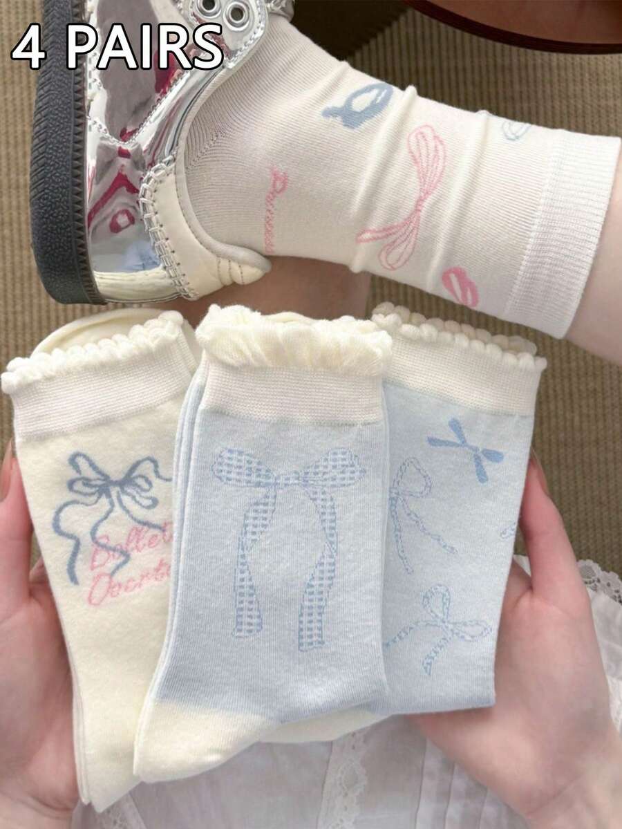4 Pairs Blue Bow White Ruffle Trim Mid-Calf Socks, Sweet & Cute Socks, Student Style Design, Suitable For All Seasons - Multicolor - View 1
