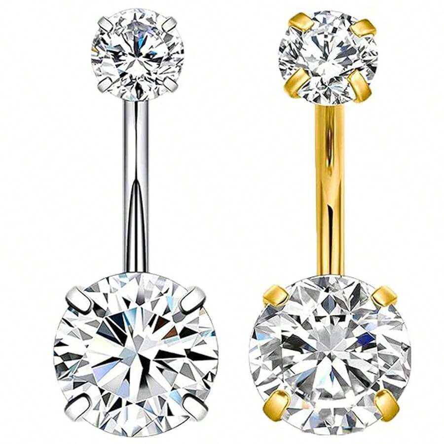Bộ khuyên rốn 14G 10mm, 2 chiếc bằng thép không gỉ mạ vàng/bạc, kiểu bấm ngược, khuyên rốn nổi, đính đá CZ, dành cho nữ. - Bạc - Xem 1