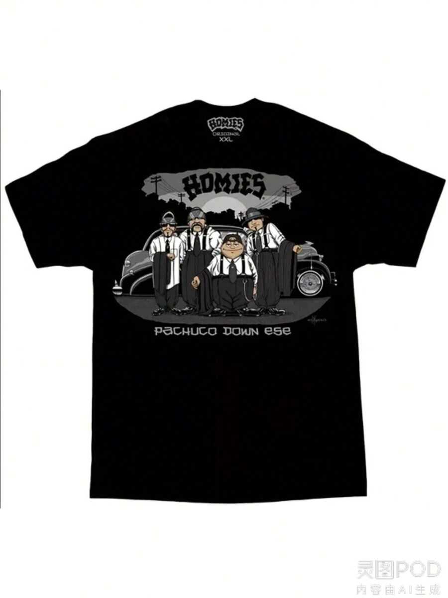 DGA Men'S Black Homies Pachuco Lowrider Chicano Art Graphic T-Shirt By David Gonzales - Vintage Streetwear Design.Jpg - Black - View 1