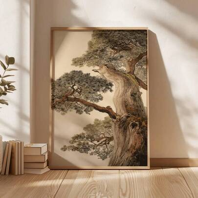 1pc Vintage Poster, Ancient Pine Tree Japanese Nature Print, Zen Plant Tranquil Forest Canvas Painting, Bedroom Decor, Living Room Aesthetic Design, Gift For Friends, Housewarming Gift,Living Room Decor