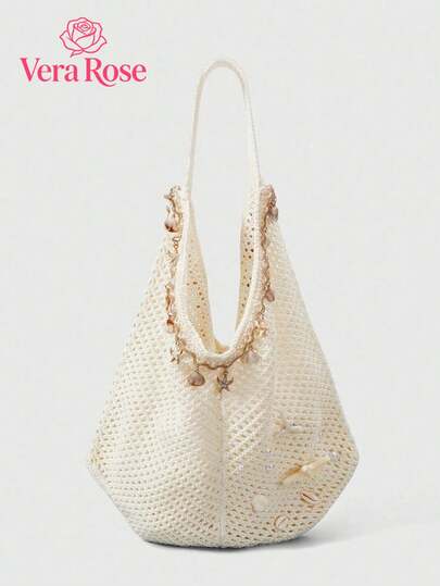 Bolso de hombro de gran capacidad minimalista multifuncional, con un elemento único de cadena colgante con elemento oceánico y diseño de estilo de ganchillo de vacaciones, bolso cruzado hueco de moda y práctico para mujeres, adecuado para ir al trabajo, compras, salidas, vacaciones y otras ocasiones