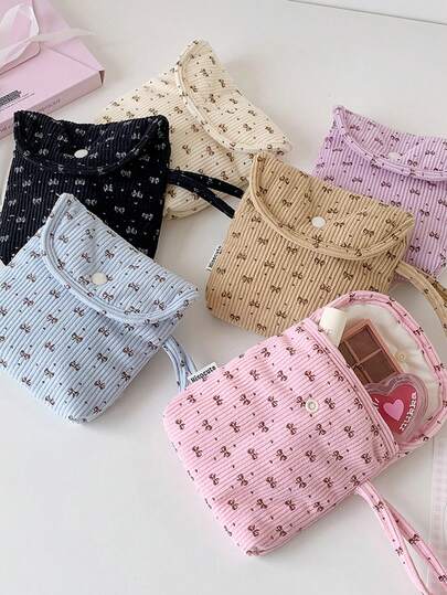 1 pieza Bolsa de maquillaje multifuncional con cremallera, con diseño de lazo y rayas, bolsa portátil de viaje de tela suave para almacenar toallas sanitarias, bolsa de período de pana, útiles escolares, cosméticos y lápices labiales, esenciales de viaje