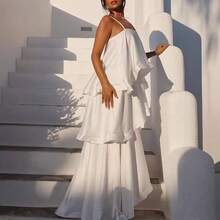 Elegant White Party Dress For Women Sleeveless A-Line Long Formal Gown With Asymmetrical Neck & Layered Woven Fabric Hem - trắng - Xem 4