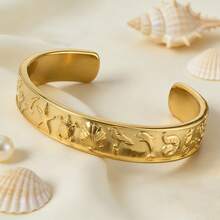 1pc Elegant & Cute 18K Gold Plated 3D Marine Life Stainless Steel Open Cuff Bracelet, Suitable For Daily Wear, Beach Vacation, Best Friend Gift - Gold - View 2