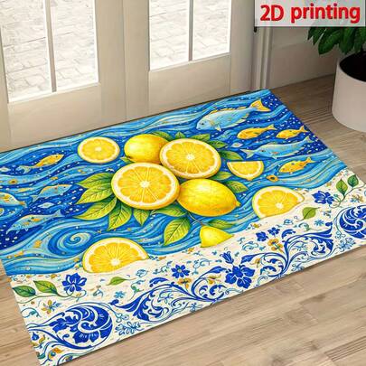 1pc Lemon Print Welcome Mat, Durable Drainage Rug For Kitchen, Living Room, Entryway, Balcony, Home Decor, Coffee Shop, Bar, Holiday, Party, Bedroom, Bathroom, Laundry Room