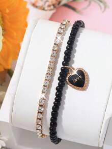 3er Set modische, minimalistische, multifunktionale Quarz-Damenuhr, rundes Zifferblatt, lässig vielseitig, inklusive Schmuckarmband mit Strass-Herzform, geeignet für Feiertage und den täglichen Gebrauch - Schwarz - Übersicht 4