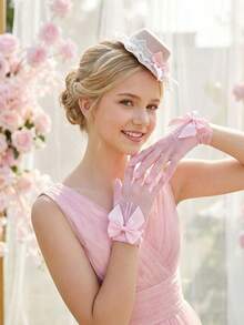 2件套 3-8岁 薄纱蝴蝶结头饰+蝴蝶结手套，粉色薄纱迷你帽，婚礼摄影道具，婚礼装饰，派对拍照道具，婚礼配饰，花环，腕花，亲子套装 - 粉色 - 查看 1