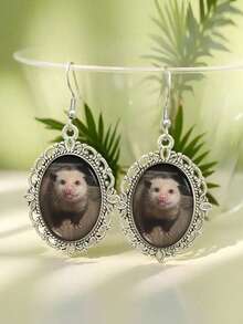 Vintage Silver Opossum Relief Earrings - Cute Opossum Animal Jewelry Suitable For Nature Lovers - Silver - View 6