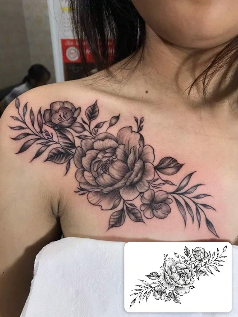 1 片逼真防水防汗花卉肩部临时纹身贴纸，复古持久防水纹身贴纸，高端美学设计，小众艺术风格假纹身，适合时尚达人。 - 黑色 - 查看 1