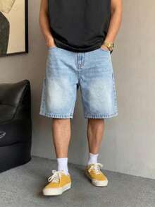 青少年时尚直筒休闲牛仔短裤 - 中等水洗藍 - 查看 3