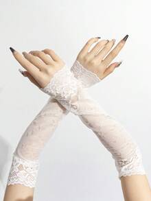 1件裝女款蕾絲露指袖套 中長款防曬手臂套 透氣薄款 時尚百搭 適合夏季開車與旅行 - 白色-177 - 查看 5