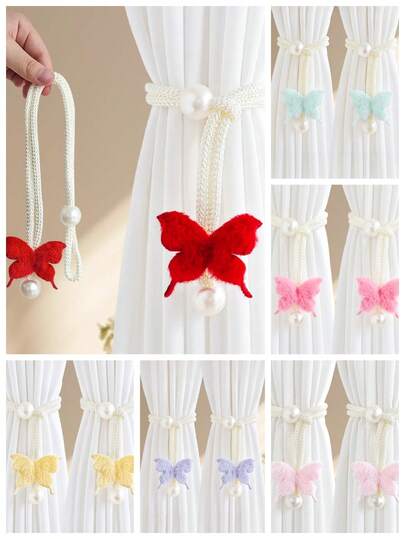 2 chiếc dây buộc cửa sổ hình bướm 3D bằng vải nhung ánh ngọc trai, tông màu hồng nhạt và be, thích hợp cho màn chống muỗi, rèm cửa, rèm cửa sổ và rèm che nắng.