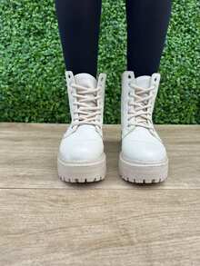 Women's Ankle Boot With Tractor Sole, Mid-Calf, Platform, Comfortable, Military Style, Black, Beige, Off-White - 米白色 - 查看 3