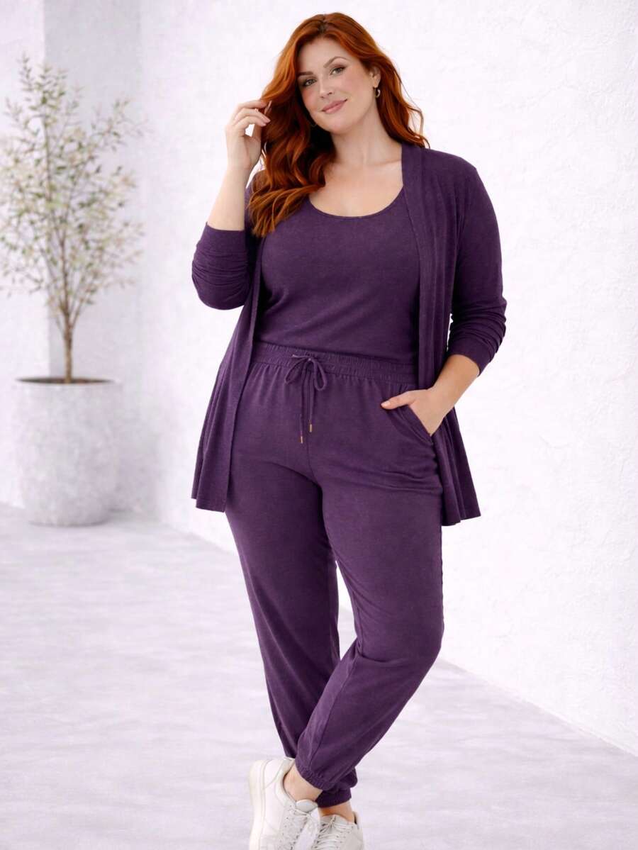 Plus Size 3-Piece Woolen Set: Cardigan, Tank Top, Pants - Simple, Casual, And Elegant - 葡萄 - 查看 1