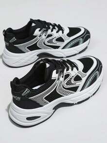 Giày thể thao nữ mới, kiểu dáng Preppy, đế dày, giày chạy bộ, giày trắng, giày đôi, màu đen, mũi tròn, buộc dây, phối lưới và da, thoáng khí, đa năng, miệng sâu, thời trang, in họa tiết graffiti, kiểu dáng sinh viên, giày đi bộ đường dài ngoài trời, giày casual, giày đi làm. - màu đen - Xem 1