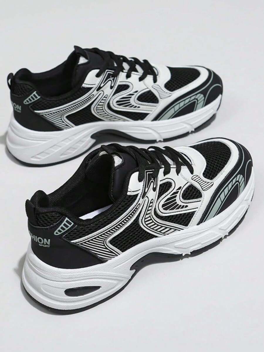 Giày thể thao nữ mới, kiểu dáng Preppy, đế dày, giày chạy bộ, giày trắng, giày đôi, màu đen, mũi tròn, buộc dây, phối lưới và da, thoáng khí, đa năng, miệng sâu, thời trang, in họa tiết graffiti, kiểu dáng sinh viên, giày đi bộ đường dài ngoài trời, giày casual, giày đi làm. - màu đen - Xem 1