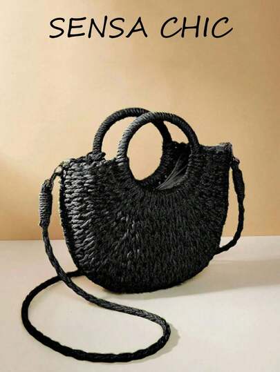 This Brand New Solid-Color Tote Bag Features A Top Handle And A Crossbody Strap. Hand-Woven, Versatile And Practical, It's Ideal For Everyday Casual Wear, And A Perfect Companion For Beach Vacations And Photoshoots. This Niche Fashion Handbag, With Its Black Body, Adds A Touch Of Retro Charm. The Openwork Woven Design, Paired With Double Top Handles And A Single Shoulder Strap, And An Open Closure, Makes It Suitable For Girls To Attend Parties, Daily Commutes, And Various Other Occasions.