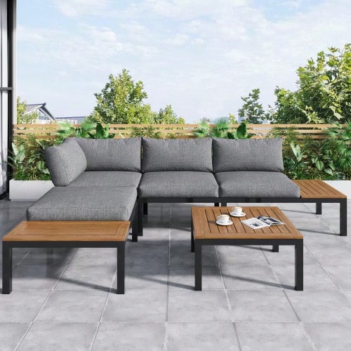 Garden Lounge Set (2 Two-Seaters, 2 Side Tables, 1 Table), Solid Acacia Wood Tabletop, Fabric Backrest Cover, Grey (Previous Sku:HW00005AAE) - Grey + Iron - View 1