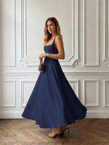 Floreya Solid Color Casual Elegant Woven Fabric Zipper Dress For Evening Date Holiday Wedding Spring Summer - Navy Blue - View 5