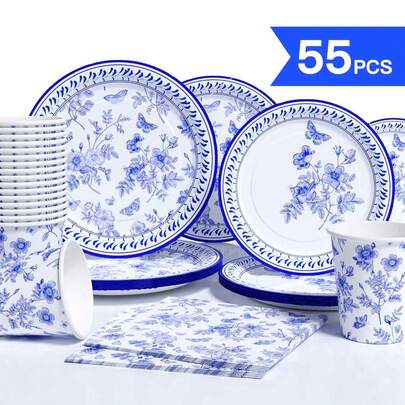 蓝白瓷纹一次性餐盘、餐巾纸和杯子套装，可供10位客人使用，一次性纸盘派对用品，适用于生日、婚礼、派对、家庭野餐等场合。