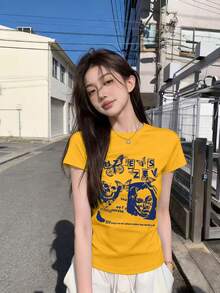 复古美式肖像字母印花圆领短袖T恤，修身显瘦，黄色性感上衣，夏季休闲之选 - 黃色 - 查看 6