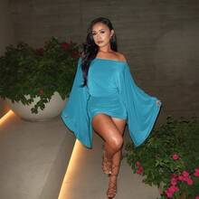 Women's Off Shoulder Bodycon Mini Dress With Batwing Long Sleeves And Wrap Detail, Perfect Party Style - Peacock Blue - View 1