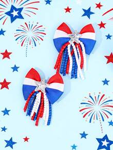 2 pièces Épingles à cheveux avec nœuds pour le 4 juillet et le Memorial Day, nœuds de cheveux à pompons bouclés blanc bleu rouge, épingles à cheveux avec étoiles pailletées et rayures, barrettes de drapeau américain, accessoires de cheveux mignons pour cadeaux de fête des filles - Multicolore - Voir 2