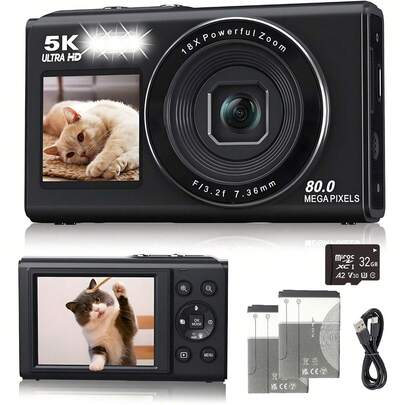 5K Digital Camera, 80MP Vlog Dual Screen Camcorder Suitable For Video Blogging, 18X Digital Zoom And Flash, Dual Screen Camera With 32GB Or 64GB TF Card And 2 Batteries, Portable Compact Camera Suitable For Teenagers, Students, Holiday Gifts