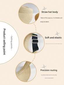 Perfect For Summer Beach Vacation! Raffia Straw Wide Brim Hat, Adjustable Headband Design, Breathable UV Protection, Chic Vibe - Random Color - View 11