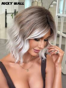 14-Inch Short Wave Brown Ombre Wigs For Women,Elegant Wavy Bob Wigs With Curtain Bangs,High Quality Soft Synthetic Fiber Wigs For Women Daily Wear, Family Party Use, Mother's Day Gift - Fashion Wig Accessories - 漸層棕色 - 查看 4