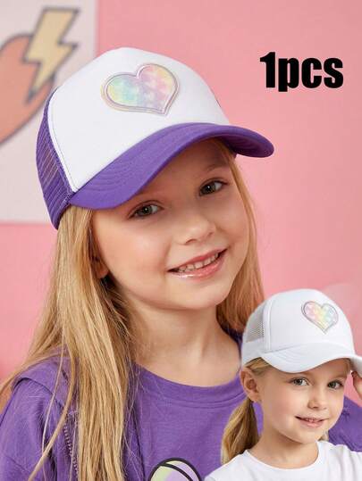 1pc Middle/Large Girls' Sequin Heart Mesh Baseball Cap, Foam Front, Breathable Summer Hat For Running, Golf, Hiking, Outdoor Sports, Adjustable Snapback