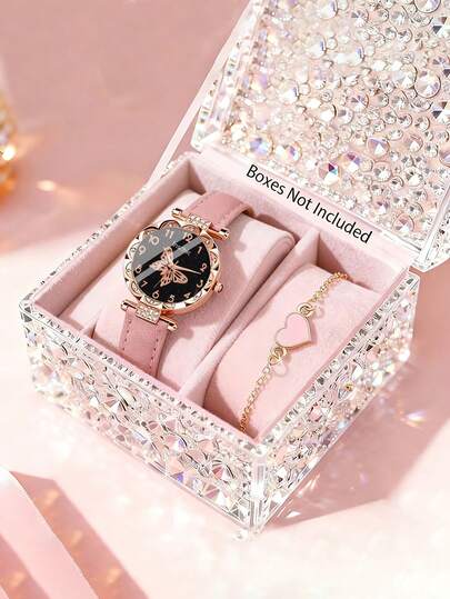 2pcs Women's Elegant Sophisticated Fashion Butterfly Dial Quartz Watch With PU Leather Strap, Paired With Romantic Heart-Shaped Bracelet, Suitable For Graduation, Back To School, Celebrations, Family Gatherings, Daily Wear, Ideal For Graduation, Birthday/Holiday Gifts, Mother's Day Gift For Her
