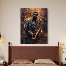 Enmarcado  plano 2D, 2D plano, 2D plano de 1 pieza  de un músico de jazz tocando el saxofón, póster de impresión de  de música abstracta moderna, perfecto para decorar salas de estar, dormitorios, oficinas y comedores, un regalo y decoración ideal - Enmarcado - Ver 3