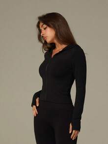 UONNOU 1 chiếc áo khoác có mũ kéo khóa màu đen, tay dài, có lỗ xỏ ngón tay, ôm sát, không đường may, phù hợp cho tập thể dục, yoga, chạy bộ, tập gym và mặc thường ngày. - màu đen - Xem 8