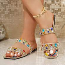 Wide Fit Summer Colorful Rhinestone Embellished Women Flat Sandals, Comfortable Casual Outdoor Slip-On Beach Party Sandals - Clear - View 5