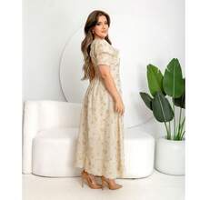 Evangelical Fashion Dress, Midi Skirt, Buttons, Embroidered Detail, Ruffle. - Beige - View 4