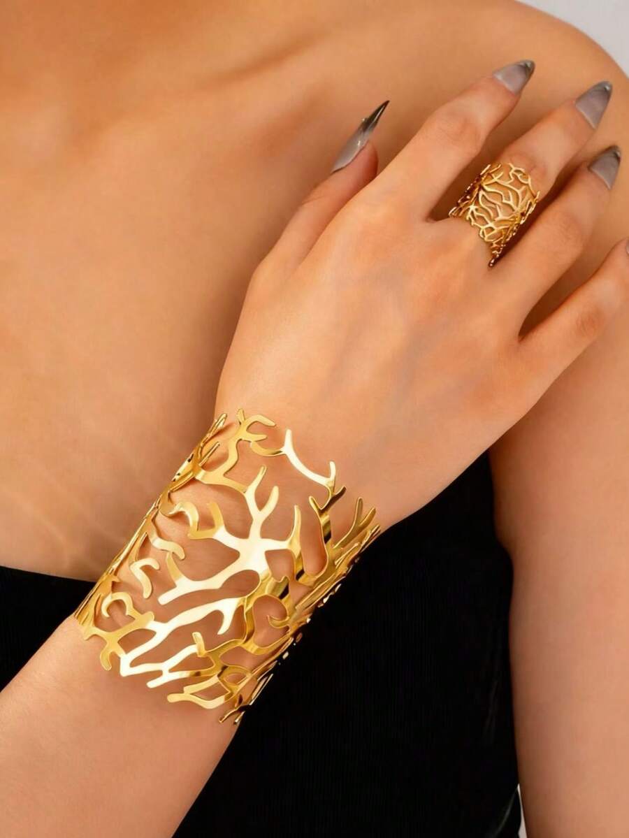 一件式夸张镂空几何十字图案叶子女士开口手镯戒指套装，小众夸张高端复古风格，适合日常佩戴，节日礼物 - 金黃色 - 查看 1