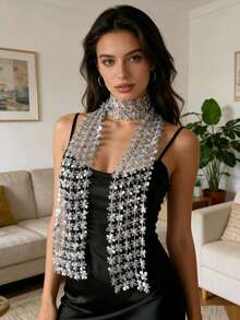 1pc Silver Glitter Mesh Shawl, Fringe Tassel Sequined Poncho, Lightweight Crochet Cover Up For Formal Events & Beach Vacation - Bạc - Xem 11