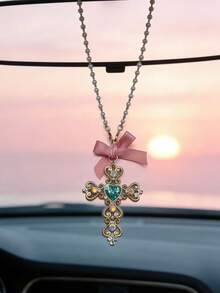 Rhinestone Cross Pendant With Pearl Decor, Car Rearview Mirror Hanging Ornament - Cross - View 4