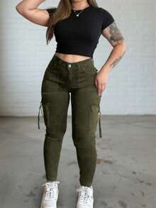 Pantalones cargo de mezclilla de unicolor, de estilo Y2K, con bolsillos, casuales y versátiles, para primavera - Verde Oscuro - Ver 4