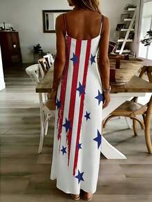 American Flag Print Sleeveless Maxi Dress For Women Independence Day Patriotic Celebration Casual Summer Outfit Stars And Stripes Design Long Dress - 黑色 - 查看 3