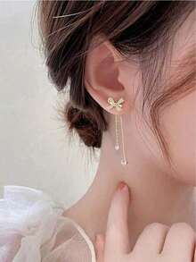 1 Pair Of Cute Bow Tassel Clip-On Earrings  Dainty Sweet Fringe Non-Pierced Ear Jewelry, Lightweight Design, Sparkling Delicate Accessory Daily Wear Date Party, Birthday Holiday Girls Friends - Vàng - Xem 3