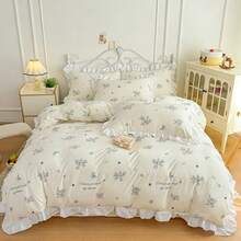 Juego de ropa de cama con volantes y estampado floral de color crema (1 funda nórdica + 2 fundas de almohada, sin incluir el edredón y los rellenos de almohada), cómodo, suave y transpirable, versátil y lavable a máquina para todas las estaciones - Blanco - Ver 10