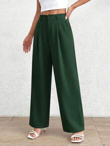 Pantalones de pierna ancha para mujer de primavera y verano, de cintura alta, para looks de negocios y casual, pantalones de trabajo - Verde oscuro - Ver 5